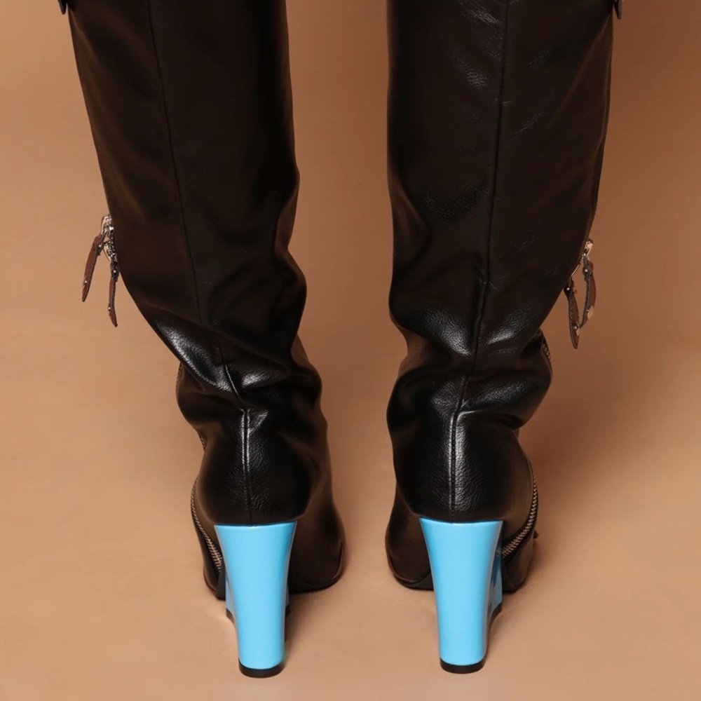Black Leather Knee Boots with Blue Wedge Heel - Picture 5 of 10